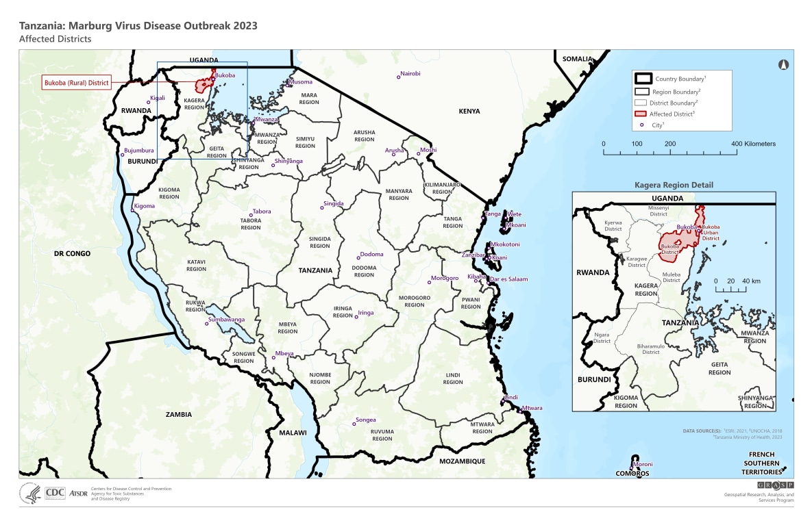 Map of Tanzania showing the location of Marburg disease cases