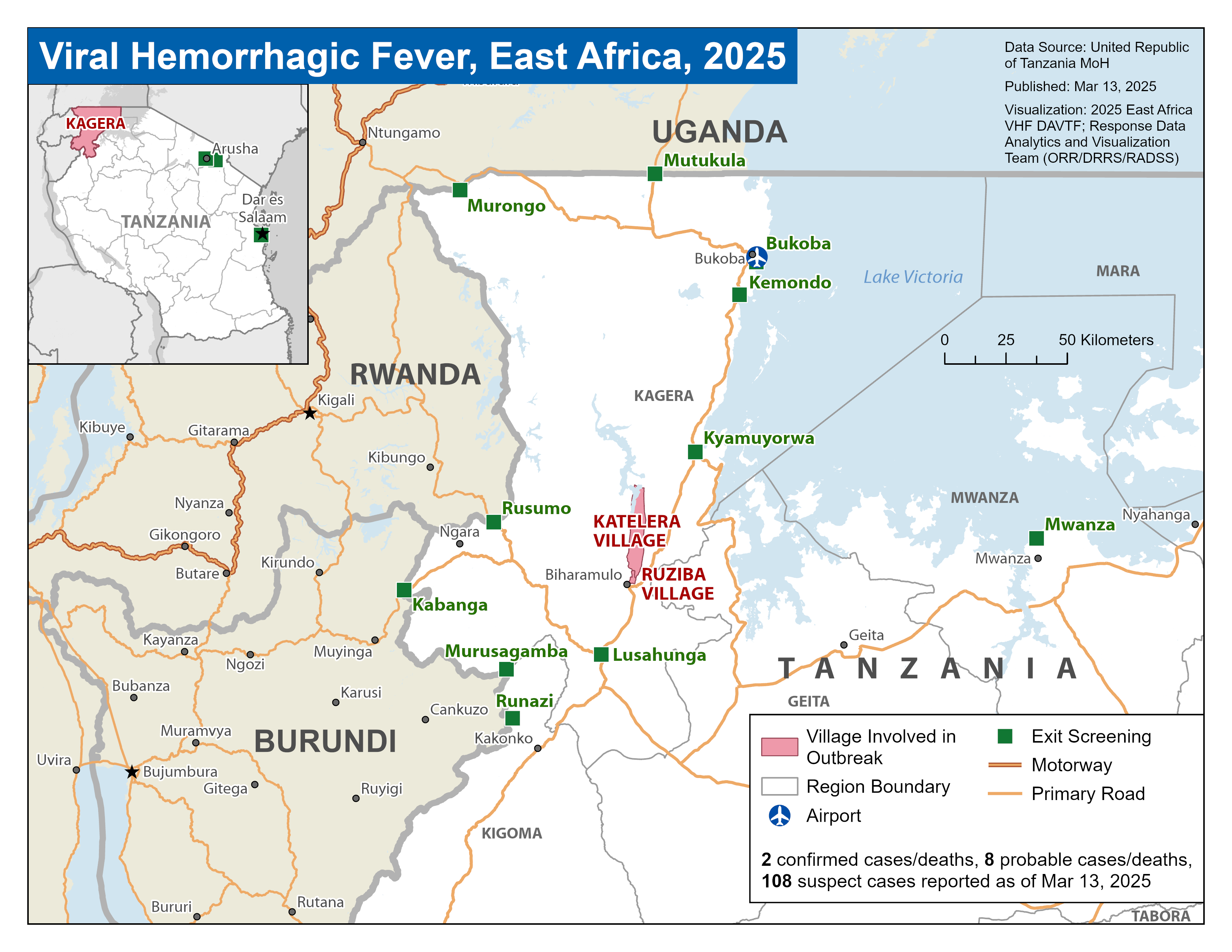A map of northern Tanzania showing 2025 outbreak locations.