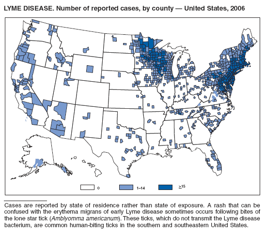 LYME DISEASE. Number of reported cases, by county ?United States, 2006
