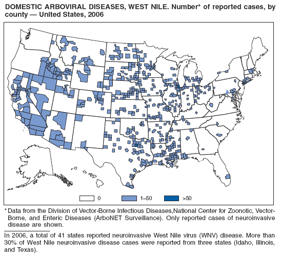 DOMESTIC ARBOVIRAL DISEASES, WEST NILE. Number* of reported cases, by county ?United States, 2006
