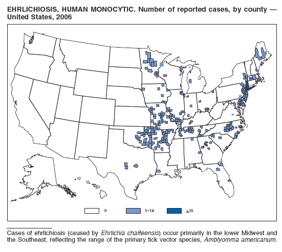 EHRLICHIOSIS, HUMAN MONOCYTIC. Number of reported cases, by county ?
United States, 2006