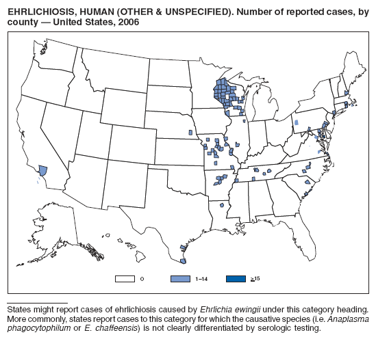 EHRLICHIOSIS, HUMAN (OTHER & UNSPECIFIED). Number of reported cases, by
county ?United States, 2006