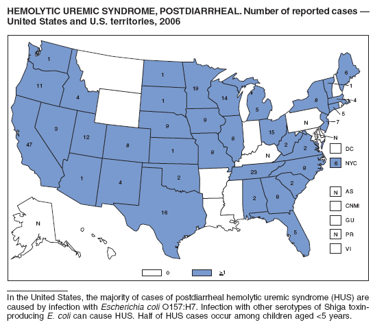 HEMOLYTIC UREMIC SYNDROME, POSTDIARRHEAL. Number of reported cases ?
United States and U.S. territories, 2006