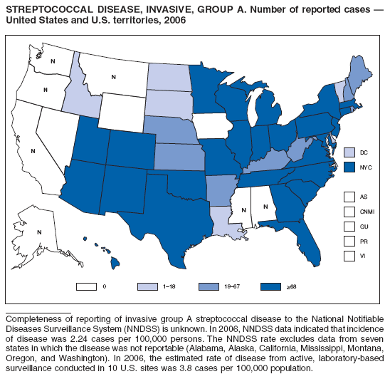 STREPTOCOCCAL DISEASE, INVASIVE, GROUP A. Number of reported cases ?
United States and U.S. territories, 2006