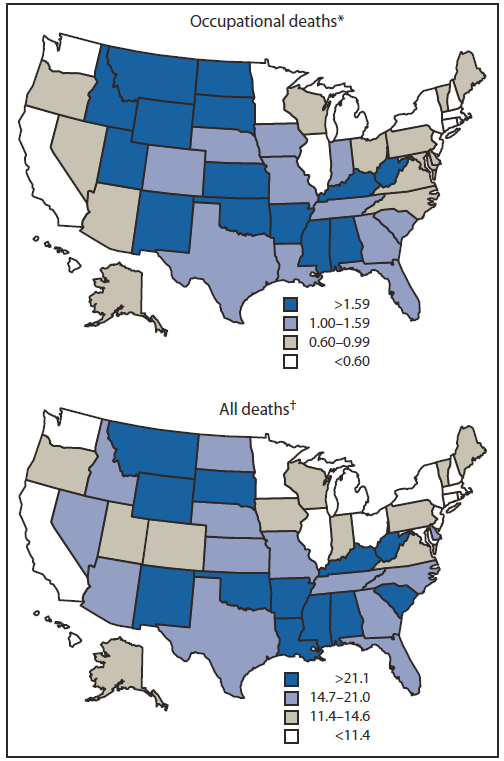 The figure shows fatality rates for occupational highway transportation deaths and all highway transportation deaths in the United States, from 2003-2008. Occupational highway transportation fatality rates var?ied geographically during this 6-year period.