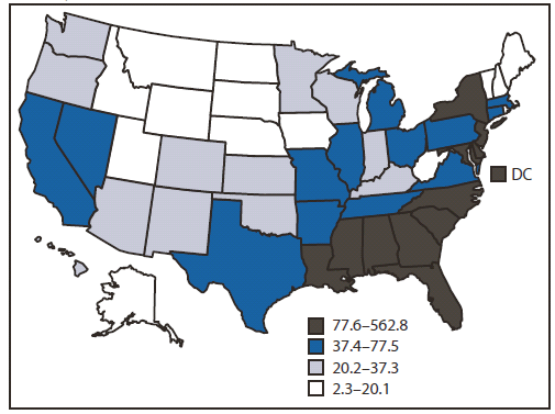 The figure shows prevalence rates of persons aged 13-24 years living with a diagnosis of HIV infection in the United States as of the end of 2009. The prevalence of persons aged 13-24 years living with an HIV diagnosis was 69.5 per 100,000 population, ranging by state from 2.3 to 562.8 per 100,000.