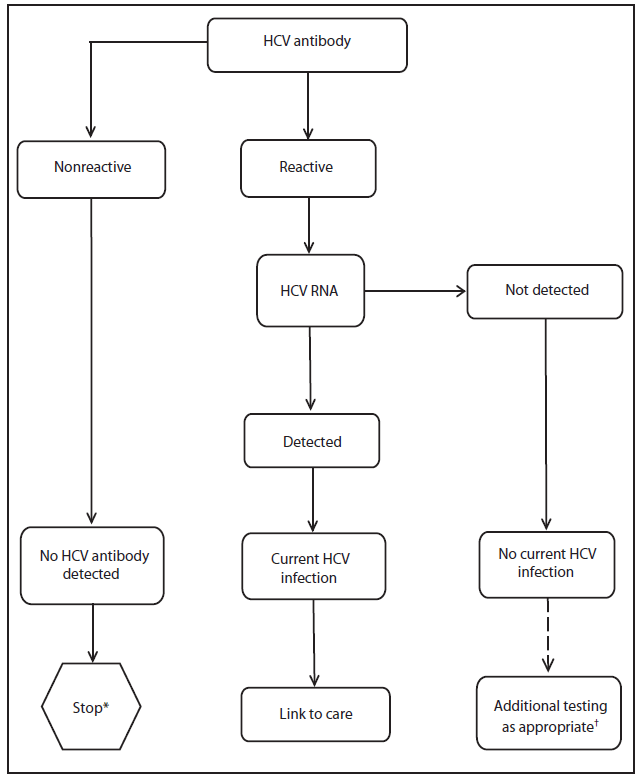 The figure shows recommended testing sequence for identifying current hepatitis C virus (HCV) infection. Testing for HCV infection begins with either a rapid or a laboratory-conducted assay for HCV antibody in blood. A nonre?active HCV antibody result indicates no HCV antibody detected. A reactive result indicates one of the following: 1) current HCV infec?tion, 2) past HCV infection that has resolved, or 3) false positivity. A reactive result should be followed by NAT for HCV RNA. If HCV RNA is detected, that indicates current HCV infection. If HCV RNA is not detected, that indicates either past, resolved HCV infection, or false HCV antibody positivity.