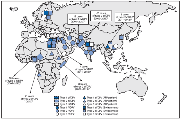 The figure shows vaccine-derived polioviruses (VDPVs) detected worldwide during July 2012-December 2013.  The number of countries with indigenous circulating vaccine-derived poliovirus (cVDPV) circula?tion increased from six to seven since the April 2011-June 2012 reporting period. Outbreaks in the Democratic Republic of the Congo, Madagascar, Mozambique, and Yemen (type 2 cVDPV [cVDPV2]) appeared to have been interrupted; outbreaks identified during the previous period in Afghanistan and Somalia continued; a large outbreak in Nigeria has reached very low incidence; and new outbreaks were detected in Chad, China, and Yemen. Circulating VDPVs were exported from Chad to Cameroon, Niger, and Nigeria; from Pakistan to Afghanistan; and from Somalia to Kenya. In all countries but Yemen (cVDPV3 outbreak), the cVDPVs detected during this reporting period were type 2.