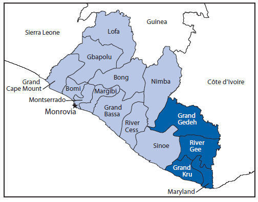 The figure above is a map showing the location of the four counties assessed for Ebola virus disease case burden, health care infrastructure, and preparedness in Liberia during August 2014. While infor?mation about case burden and health care infrastructure was available for the two epicenters, little information was available about remote counties in southeastern Liberia.