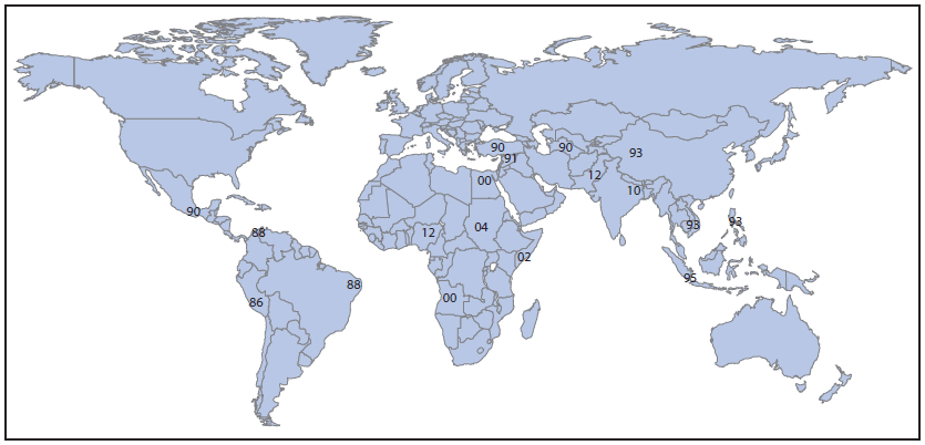 The figure above is a map of the world showing the eradication of wild poliovirus type 3 (WPV3) genotypes during 1986-2012. The number of distinct WPV3 geno?types (≥15% nucleotide sequence divergence) detected globally declined from 17 in 1988, to five in 2001, to three in 2010, and to two in 2012.