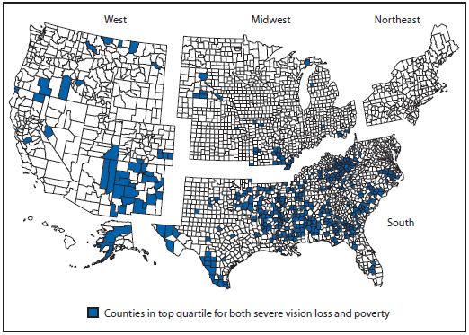 The figure above is a map of the United States showing counties in the top quartile for both severe vision loss and family income below poverty level in the United States during 2009-2013.
3. CDC. Healthy Vision Month-May 2012. MMWR Morb Mortal Wkly Rep 2012;61:328.
http://www.cy118119.com/mmwr/preview/mmwrhtml/mm6118a4.htm