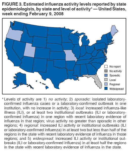 FIGURE 3. Estimated influenza activity levels reported by state
epidemiologists, by state and level of activity* ?United States,
week ending February 9, 2008
