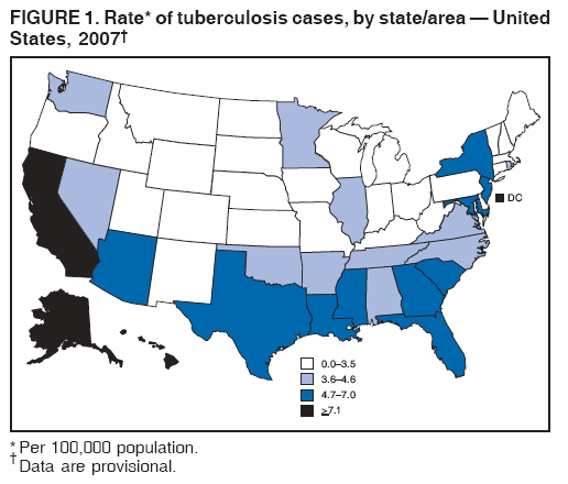 FIGURE 1. Rate* of tuberculosis cases, by state/area ?United
States, 2007? width=