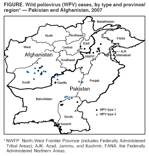 FIGURE. Wild poliovirus (WPV) cases, by type and province/
region* ?Pakistan and Afghanistan, 2007