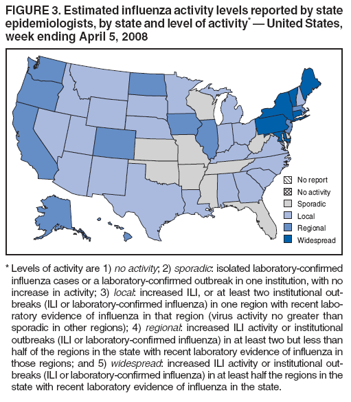 FIGURE 3. Estimated influenza activity levels reported by state
epidemiologists, by state and level of activity* ?United States,
week ending April 5, 2008