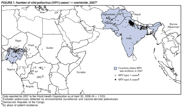 FIGURE 1. Number of wild poliovirus (WPV) cases* ?worldwide, 2007? width=