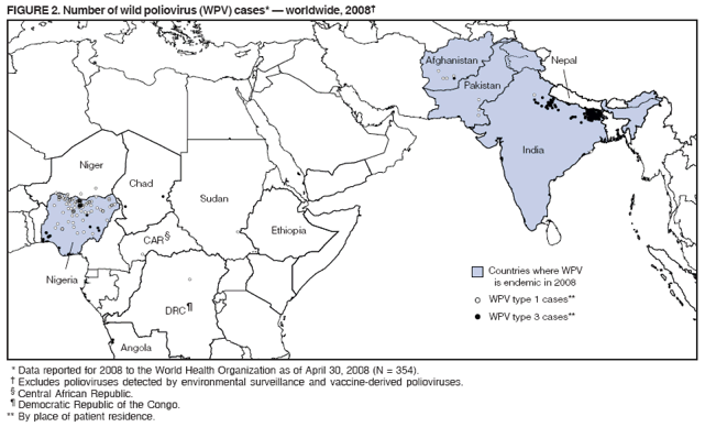 FIGURE 2. Number of wild poliovirus (WPV) cases* ?worldwide, 2008? width=