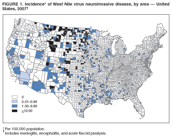FIGURE 1. Incidence* of West Nile virus neuroinvasive disease, by area ?United
States, 2007? width=