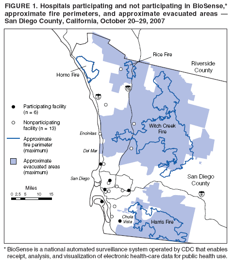 FIGURE 1. Hospitals participating and not participating in BioSense,*
approximate fire perimeters, and approximate evacuated areas ?
San Diego County, California, October 20?9, 2007