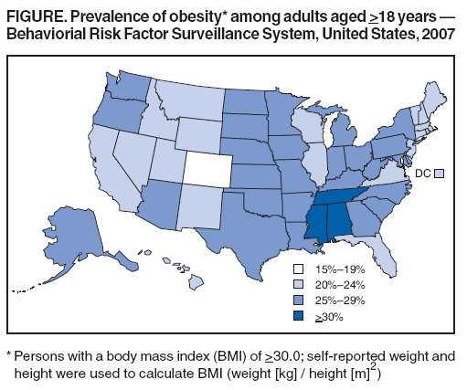 FIGURE. Prevalence of obesity* among adults aged >18 years ?
Behaviorial Risk Factor Surveillance System, United States, 2007