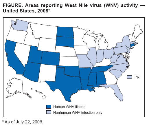 FIGURE. Areas reporting West Nile virus (WNV) activity ?United States, 2008*