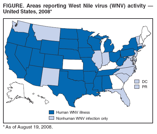 FIGURE. Areas reporting West Nile virus (WNV) activity ?
United States, 2008*