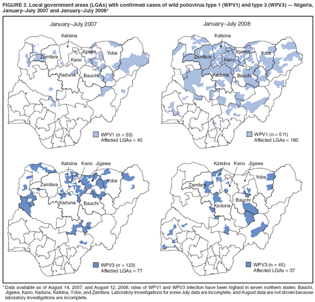 FIGURE 2. Local government areas (LGAs) with confirmed cases of wild poliovirus type 1 (WPV1) and type 3 (WPV3) ?Nigeria,
JanuaryJuly 2007 and JanuaryJuly 2008*
