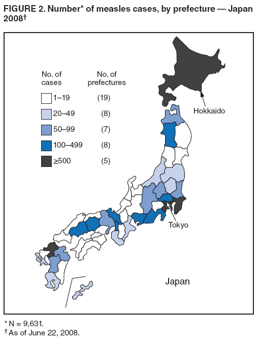 FIGURE 2. Number* of measles cases, by prefecture ?Japan 2008? width=