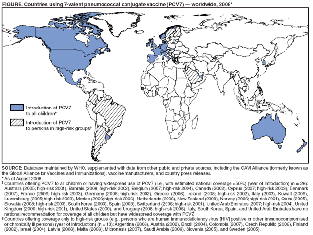 FIGURE. Countries using 7-valent pneumococcal conjugate vaccine (PCV7) ?worldwide, 2008*