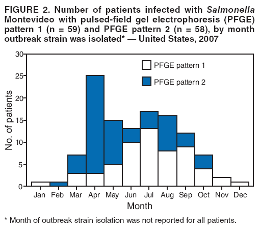 FIGURE 2. Number of patients infected with Salmonella Montevideo with pulsed-field gel electrophoresis (PFGE) pattern 1 (n = 59) and PFGE pattern 2 (n = 58), by month outbreak strain was isolated* ?United States, 2007