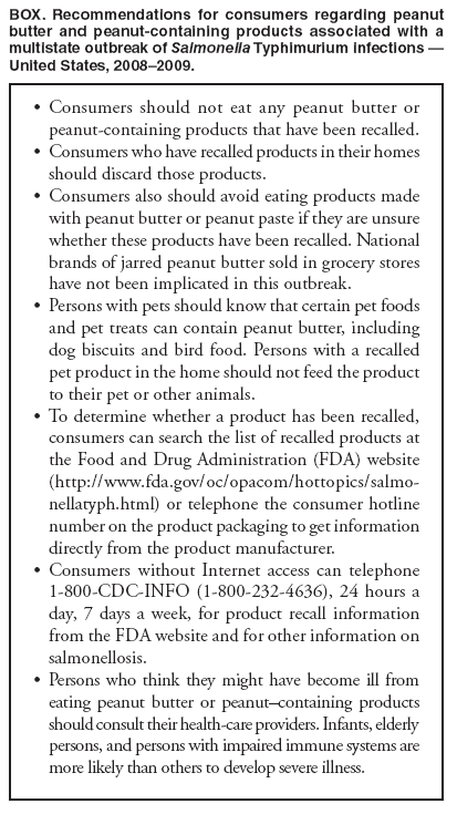 BOX. Recommendations for consumers regarding peanut butter and peanut-containing products associated with a multistate outbreak of Salmonella Typhimurium infections ?United States, 2008?009.
Consumers should not eat any peanut butter or
peanut-containing products that have been recalled.
?Consumers who have recalled products in their homes should discard those products.
?Consumers also should avoid eating products made with peanut butter or peanut paste if they are unsure whether these products have been recalled. National brands of jarred peanut butter sold in grocery stores have not been implicated in this outbreak.
?Persons with pets should know that certain pet foods and pet treats can contain peanut butter, including dog biscuits and bird food. Persons with a recalled pet product in the home should not feed the product to their pet or other animals.
?To determine whether a product has been recalled, consumers can search the list of recalled products at the Food and Drug Administration (FDA) website (http://www.fda.gov/oc/opacom/hottopics/salmonellatyph.
html) or telephone the consumer hotline number on the product packaging to get information directly from the product manufacturer.
?Consumers without Internet access can telephone 1-800-CDC-INFO (1-800-232-4636), 24 hours a day, 7 days a week, for product recall information from the FDA website and for other information on salmonellosis.
?Persons who think they might have become ill from eating peanut butter or peanutcontaining products should consult their health-care providers. Infants, elderly persons, and persons with impaired immune systems are more likely than others to develop severe illness.