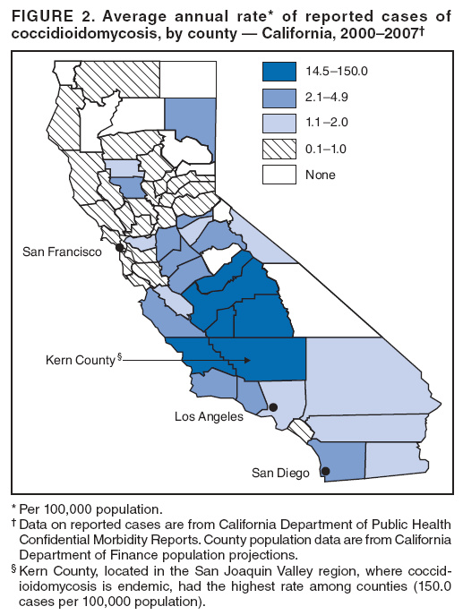 FIGURE 2. Average annual rate* of reported cases of coccidioidomycosis, by county ?California, 2000?007? width=
