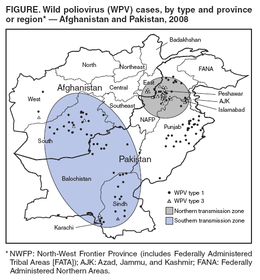 FIGURE. Wild poliovirus (WPV) cases, by type and province or region* ?Afghanistan and Pakistan, 2008