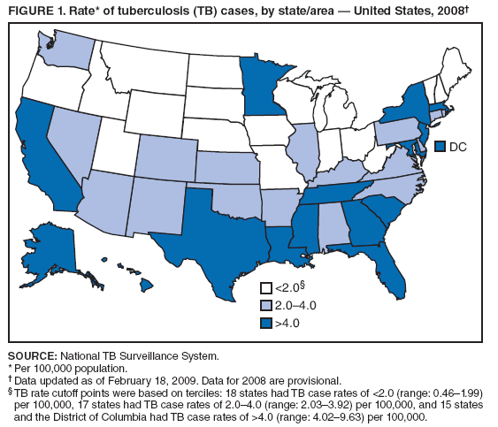 FIGURE 1. Rate* of tuberculosis (TB) cases, by state/area ?United States, 2008? width=