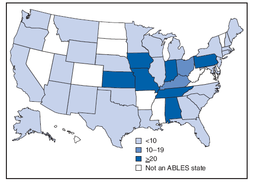 Annual state prevalence rate* categories for state resident adults? with elevated blood lead levels (≥25 μg/dL) - Adult Blood Lead Epidemiology and Surveillance (ABLES) program, United States, 2007