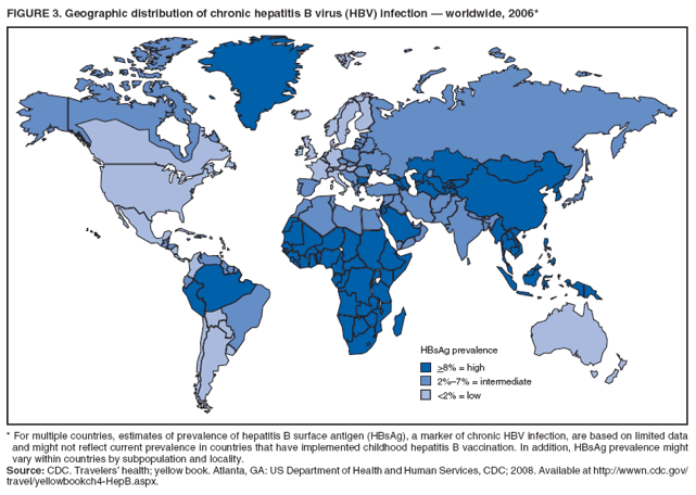 FIGURE 3. Geographic distribution of chronic hepatitis B virus (HBV) infection ?worldwide, 2006*