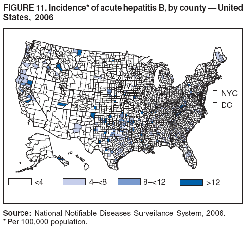 FIGURE 11. Incidence* of acute hepatitis B, by county ?United
States, 2006