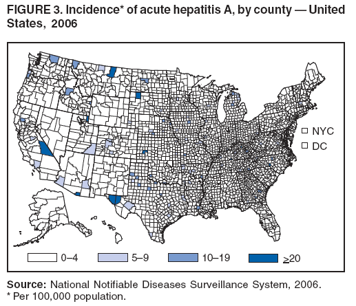 FIGURE 3. Incidence* of acute hepatitis A, by county ?United
States, 2006