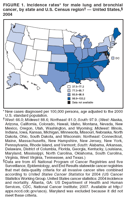FIGURE 1. Incidence rates* for male lung and bronchial
cancer, by state and U.S. Census region??United States,?
2004