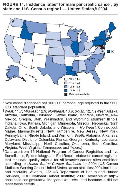 FIGURE 11. Incidence rates* for male pancreatic cancer, by
state and U.S. Census region??United States,?2004
