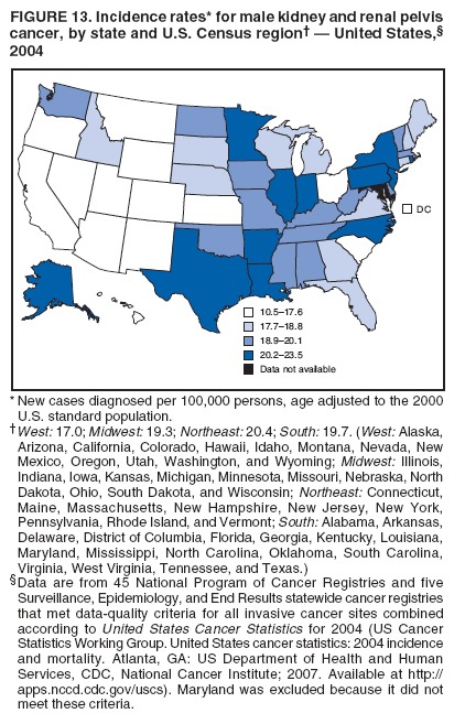 FIGURE 13. Incidence rates* for male kidney and renal pelvis
cancer, by state and U.S. Census region??United States,?
2004