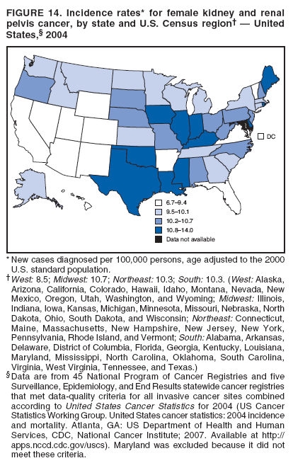 FIGURE 14. Incidence rates* for female kidney and renal
pelvis cancer, by state and U.S. Census region??United
States,?2004