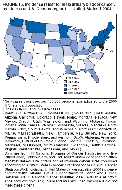 FIGURE 15. Incidence rates* for male urinary bladder cancer,?
by state and U.S. Census region??United States,?2004