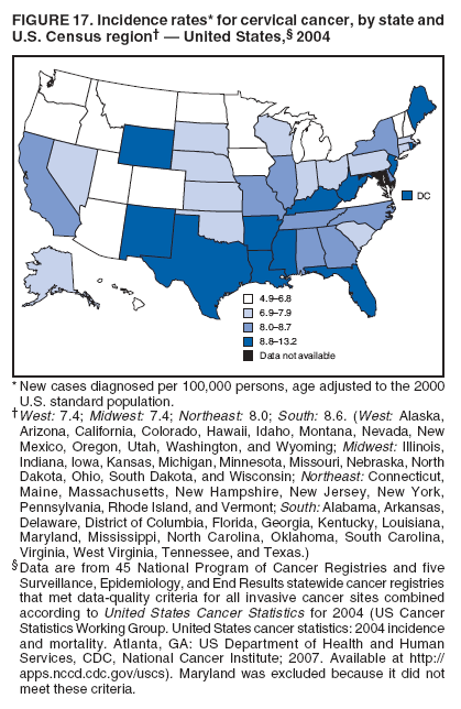 FIGURE 17. Incidence rates* for cervical cancer, by state and
U.S. Census region??United States,?2004