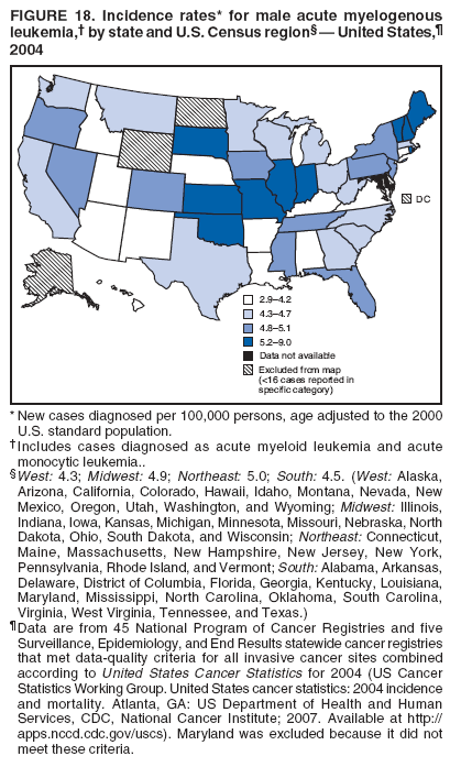 FIGURE 18. Incidence rates* for male acute myelogenous 
leukemia,?by state and U.S. Census region??United States,?
2004