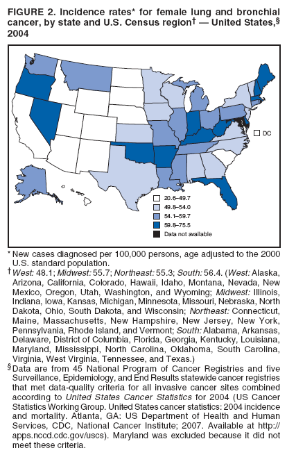 FIGURE 2. Incidence rates* for female lung and bronchial
cancer, by state and U.S. Census region??United States,?
2004