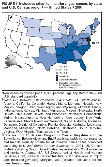 FIGURE 3. Incidence rates* for male laryngeal cancer, by state
and U.S. Census region??United States,?2004