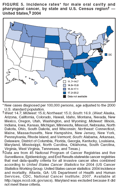 FIGURE 5. Incidence rates* for male oral cavity and
pharyngeal cancer, by state and U.S. Census region??
United States,?2004