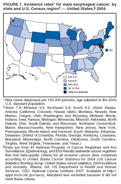 FIGURE 7. Incidence rates* for male esophageal cancer, by
state and U.S. Census region??United States,?2004
