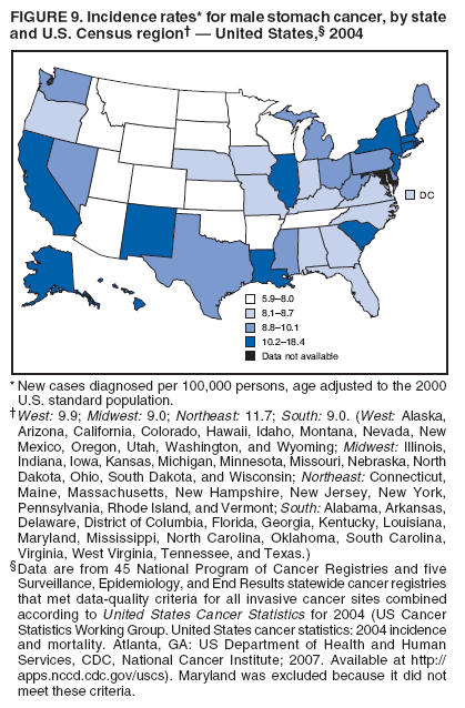 FIGURE 9. Incidence rates* for male stomach cancer, by state
and U.S. Census region??United States,?2004